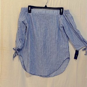 Mossimo Off the shoulder blue and white striped shirt.